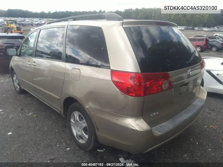 2010 Toyota Sienna Le VIN: 5TDKK4CC4AS320100 Lot: 40457193