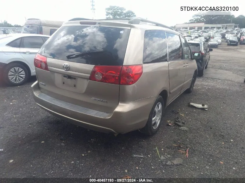 2010 Toyota Sienna Le VIN: 5TDKK4CC4AS320100 Lot: 40457193