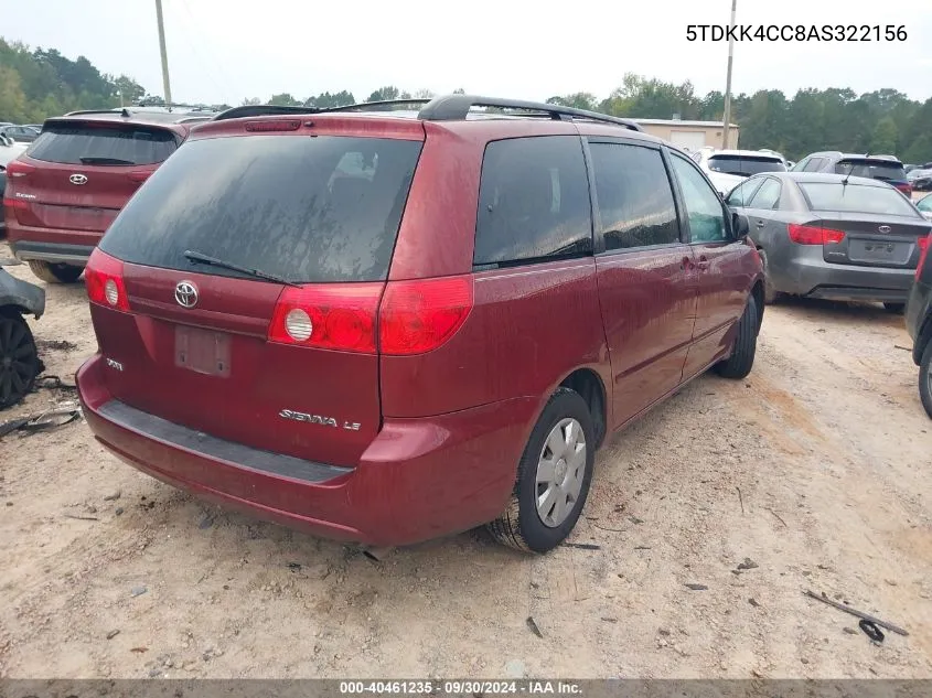 2010 Toyota Sienna Ce/Le VIN: 5TDKK4CC8AS322156 Lot: 40461235