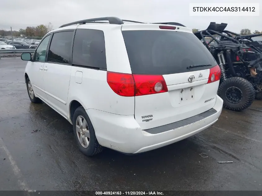 2010 Toyota Sienna Le VIN: 5TDKK4CC4AS314412 Lot: 40924163