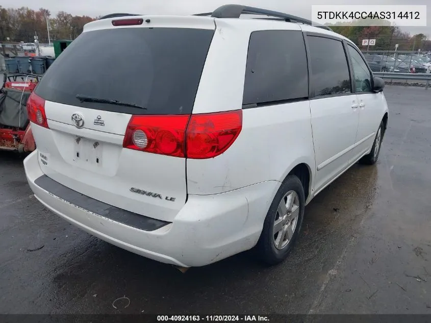 2010 Toyota Sienna Le VIN: 5TDKK4CC4AS314412 Lot: 40924163