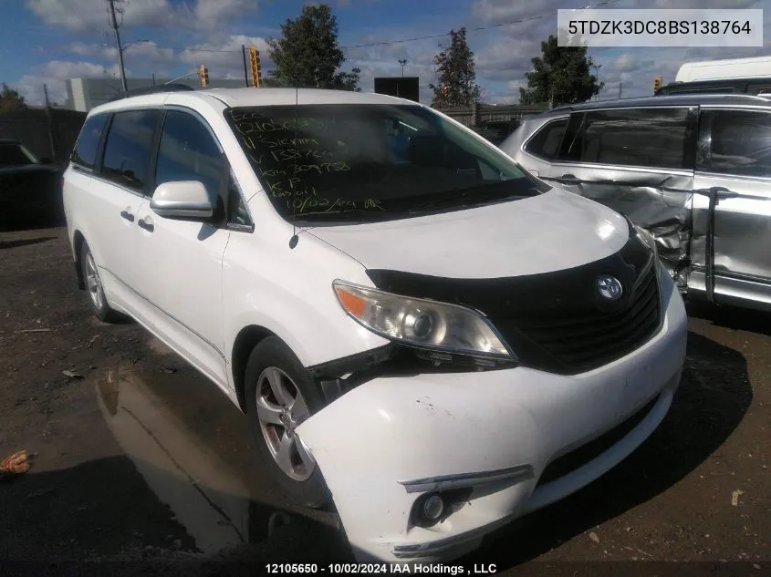 2011 Toyota Sienna V6 7 Passenger VIN: 5TDZK3DC8BS138764 Lot: 12105650