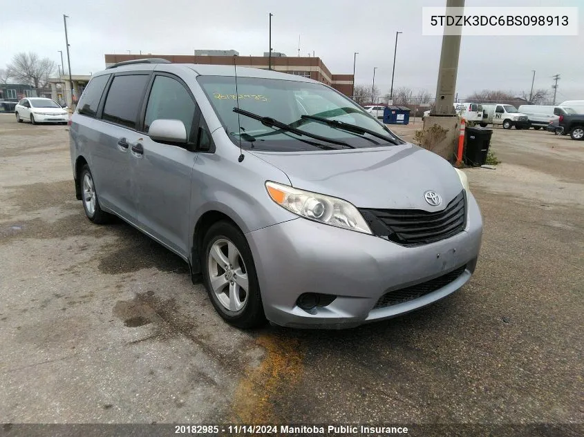 2011 Toyota Sienna Ce V6 VIN: 5TDZK3DC6BS098913 Lot: 20182985