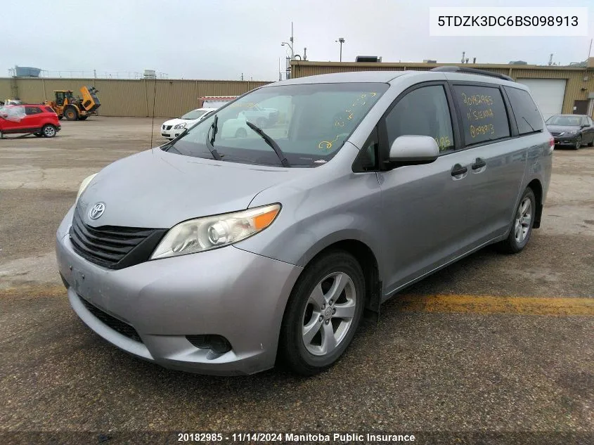 2011 Toyota Sienna Ce V6 VIN: 5TDZK3DC6BS098913 Lot: 20182985