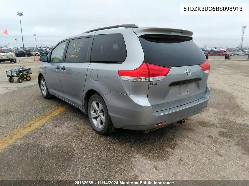 2011 Toyota Sienna Ce V6 VIN: 5TDZK3DC6BS098913 Lot: 20182985