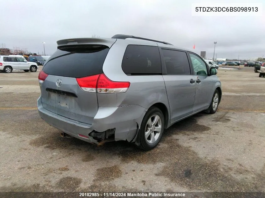 2011 Toyota Sienna Ce V6 VIN: 5TDZK3DC6BS098913 Lot: 20182985