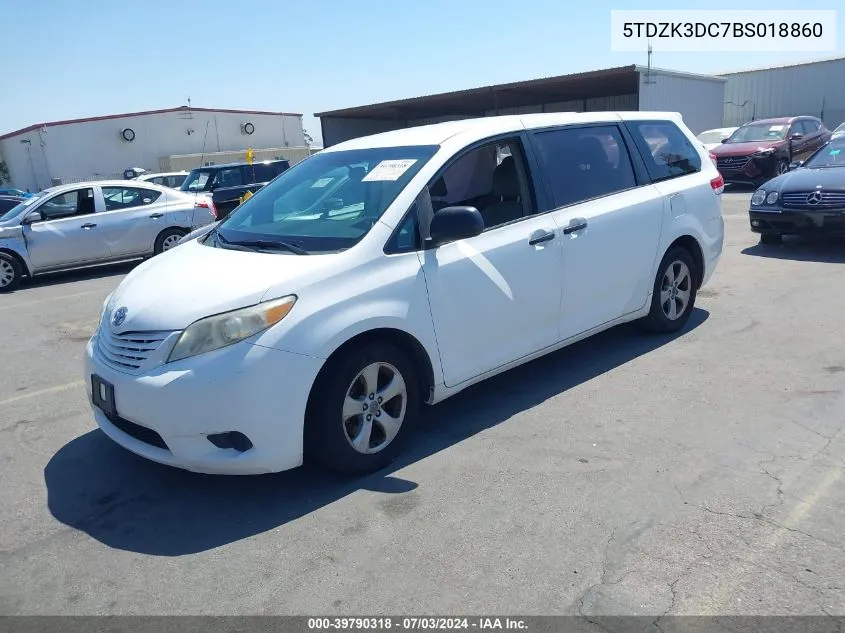 2011 Toyota Sienna Base V6 VIN: 5TDZK3DC7BS018860 Lot: 39790318