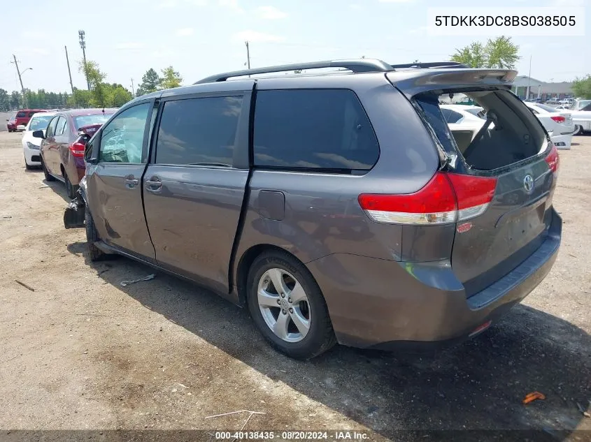 2011 Toyota Sienna Le V6 VIN: 5TDKK3DC8BS038505 Lot: 40138435