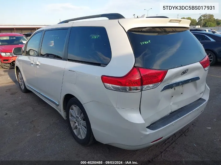 2011 Toyota Sienna Limited V6 VIN: 5TDYK3DC5BS017931 Lot: 40250485