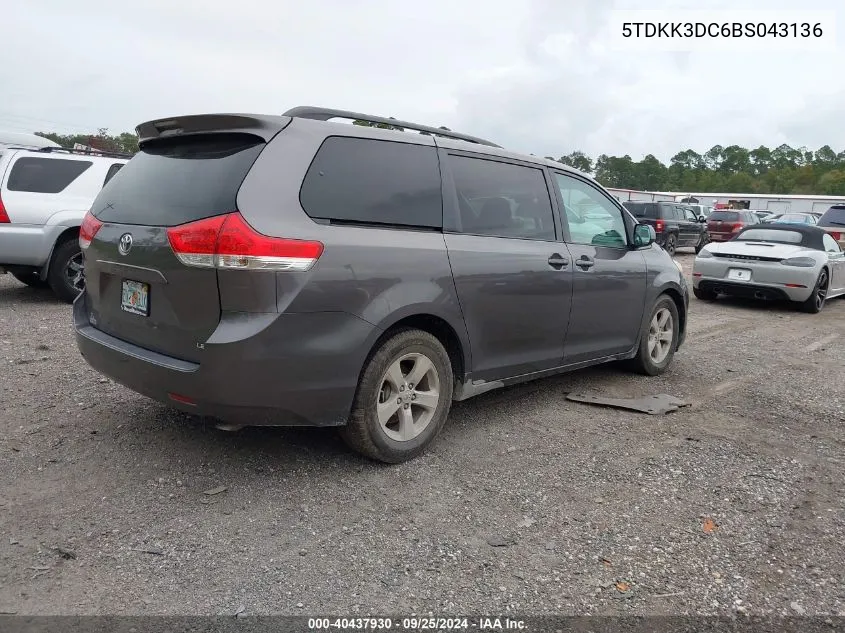 2011 Toyota Sienna Le V6 VIN: 5TDKK3DC6BS043136 Lot: 40437930