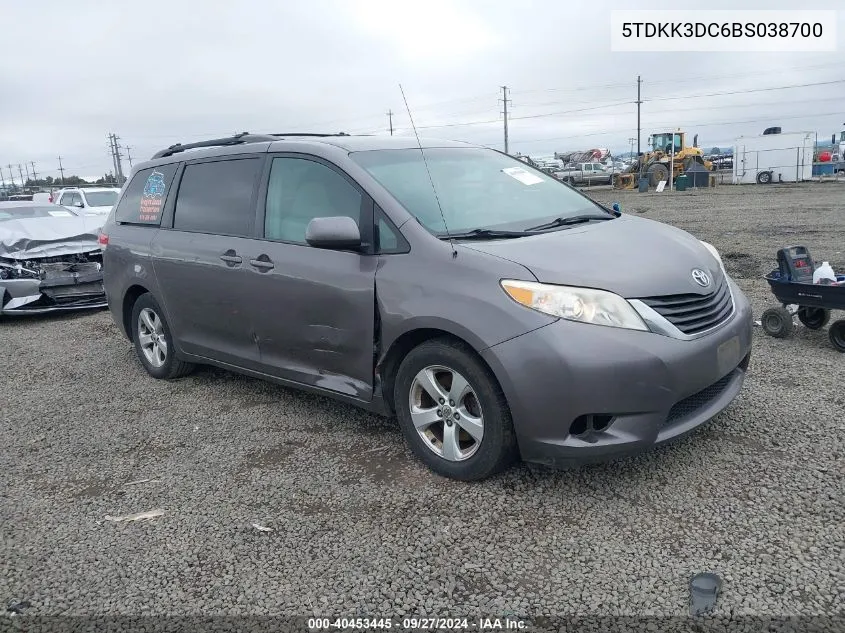 2011 Toyota Sienna Le V6 VIN: 5TDKK3DC6BS038700 Lot: 40453445