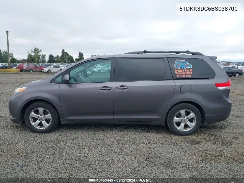 2011 Toyota Sienna Le V6 VIN: 5TDKK3DC6BS038700 Lot: 40453445