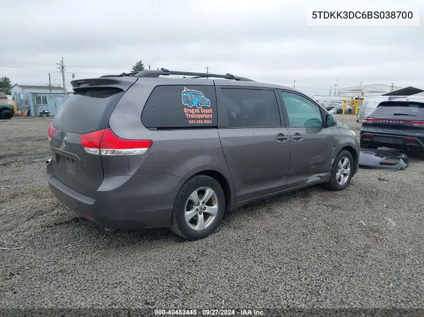 2011 Toyota Sienna Le V6 VIN: 5TDKK3DC6BS038700 Lot: 40453445