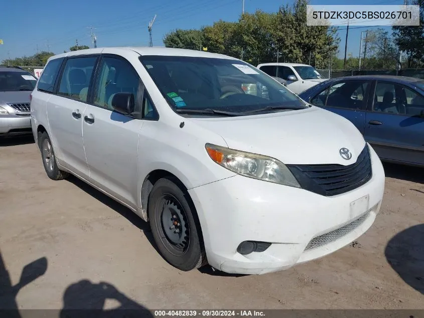 2011 Toyota Sienna Base V6 VIN: 5TDZK3DC5BS026701 Lot: 40482839