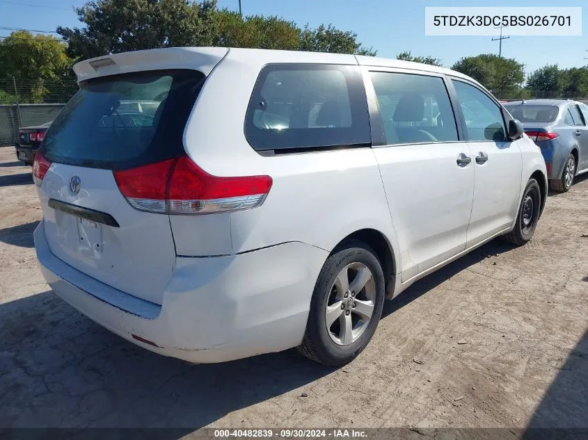 2011 Toyota Sienna Base V6 VIN: 5TDZK3DC5BS026701 Lot: 40482839