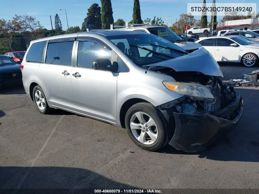 2011 Toyota Sienna Base V6 VIN: 5TDZK3DC7BS149240 Lot: 40680079