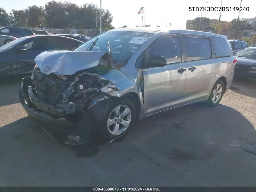 2011 Toyota Sienna Base V6 VIN: 5TDZK3DC7BS149240 Lot: 40680079