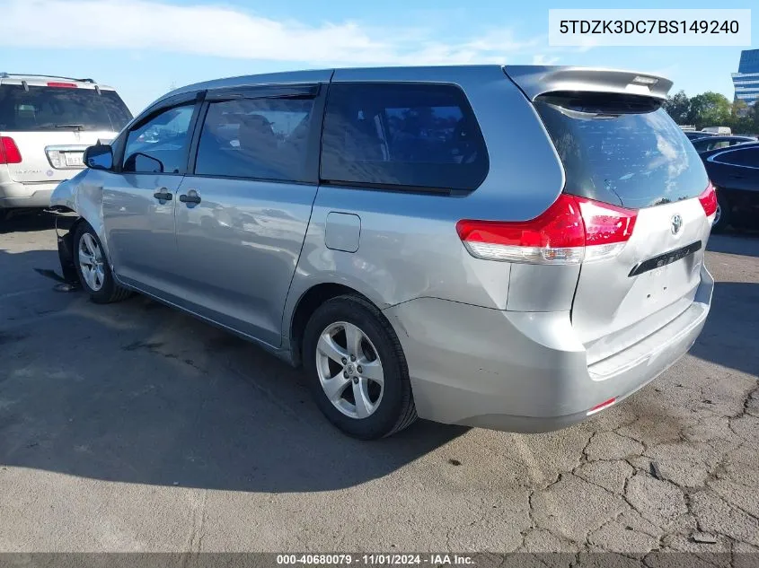 2011 Toyota Sienna Base V6 VIN: 5TDZK3DC7BS149240 Lot: 40680079