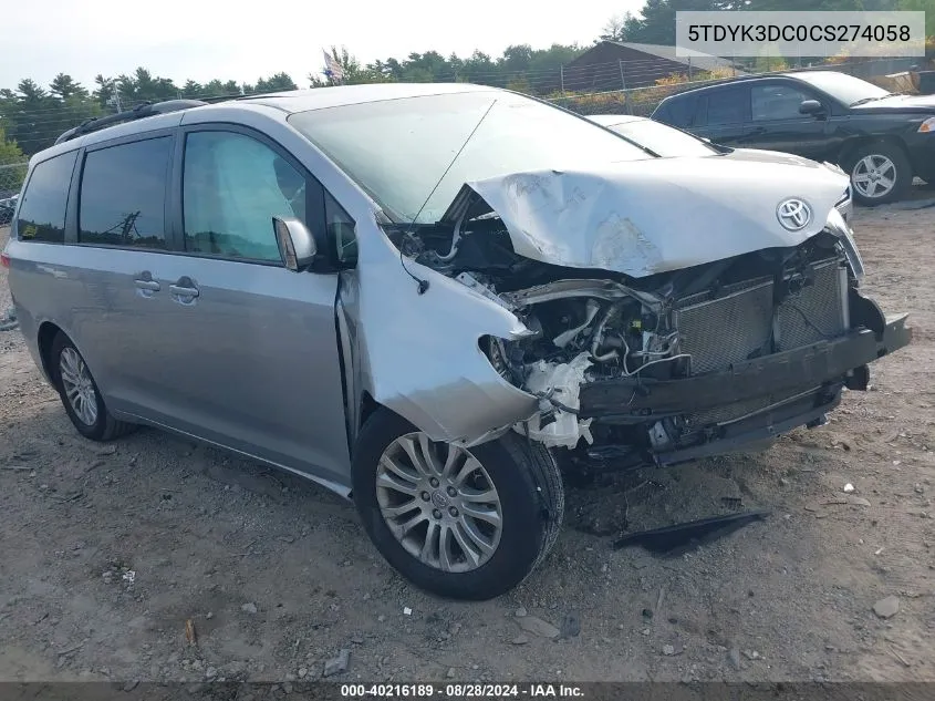 2012 Toyota Sienna Xle V6 8 Passenger VIN: 5TDYK3DC0CS274058 Lot: 40216189