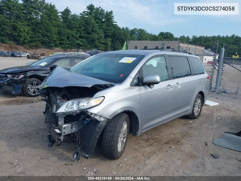 5TDYK3DC0CS274058 2012 Toyota Sienna Xle V6 8 Passenger