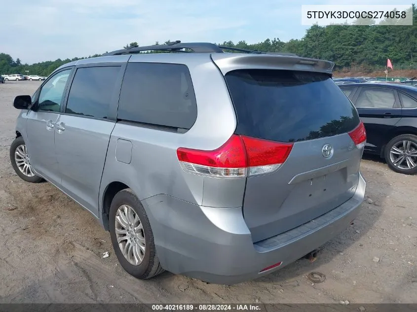 5TDYK3DC0CS274058 2012 Toyota Sienna Xle V6 8 Passenger