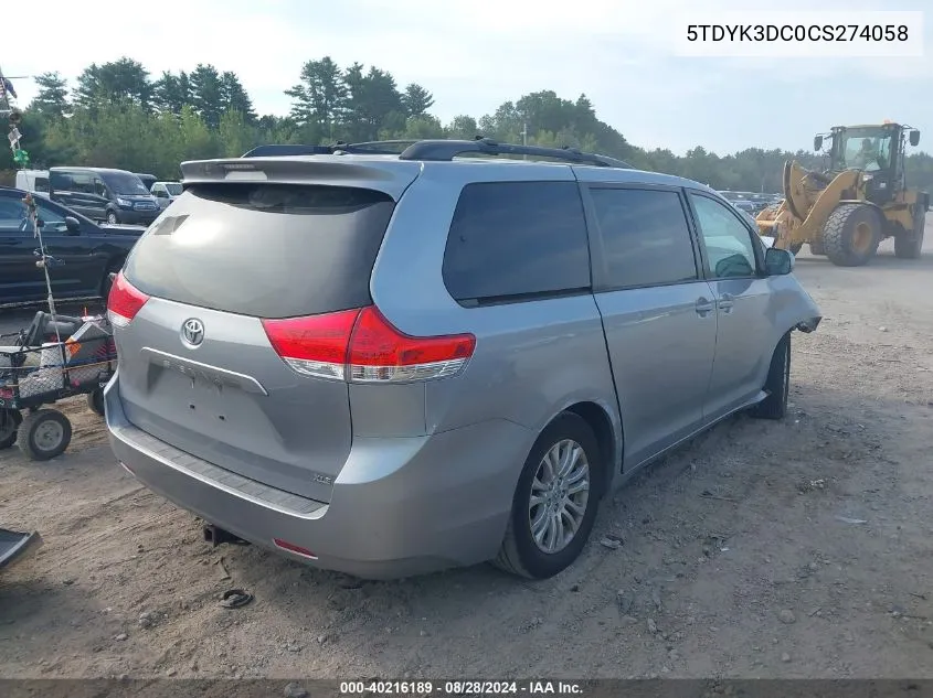 2012 Toyota Sienna Xle V6 8 Passenger VIN: 5TDYK3DC0CS274058 Lot: 40216189