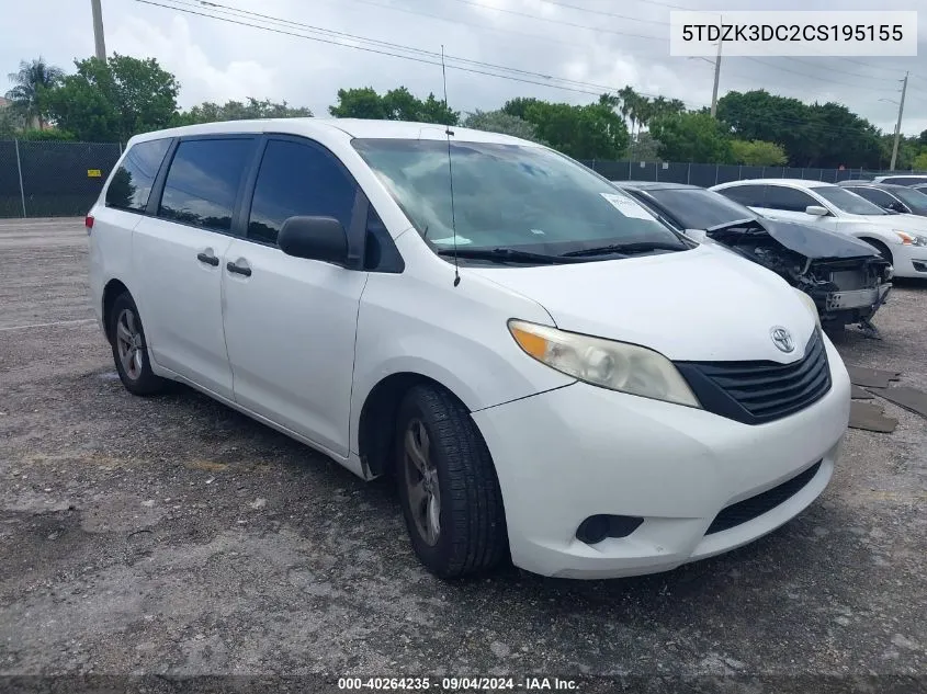 2012 Toyota Sienna Base V6 7 Passenger VIN: 5TDZK3DC2CS195155 Lot: 40264235