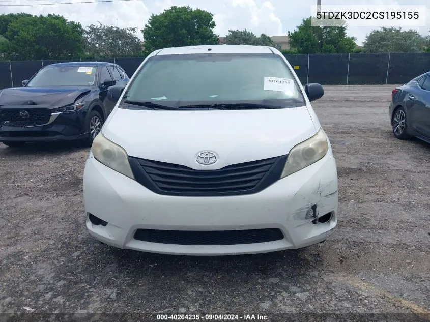 2012 Toyota Sienna Base V6 7 Passenger VIN: 5TDZK3DC2CS195155 Lot: 40264235