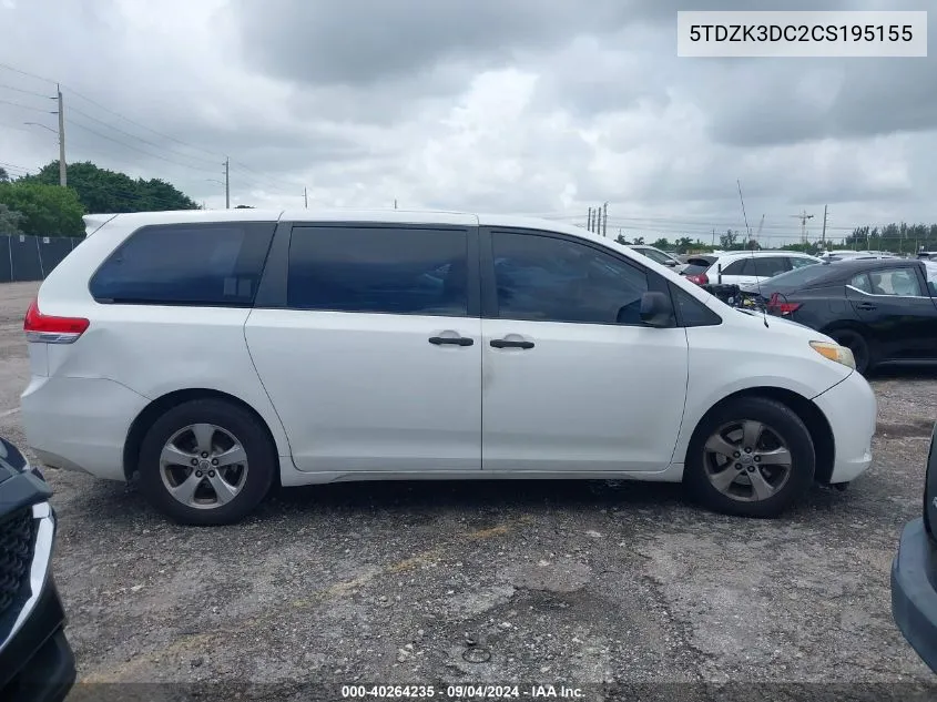 2012 Toyota Sienna Base V6 7 Passenger VIN: 5TDZK3DC2CS195155 Lot: 40264235