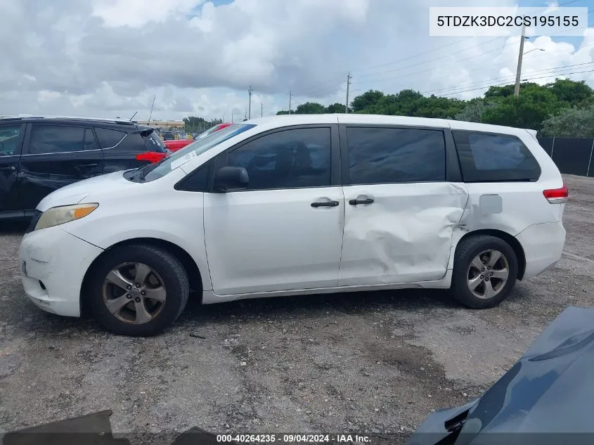 2012 Toyota Sienna Base V6 7 Passenger VIN: 5TDZK3DC2CS195155 Lot: 40264235