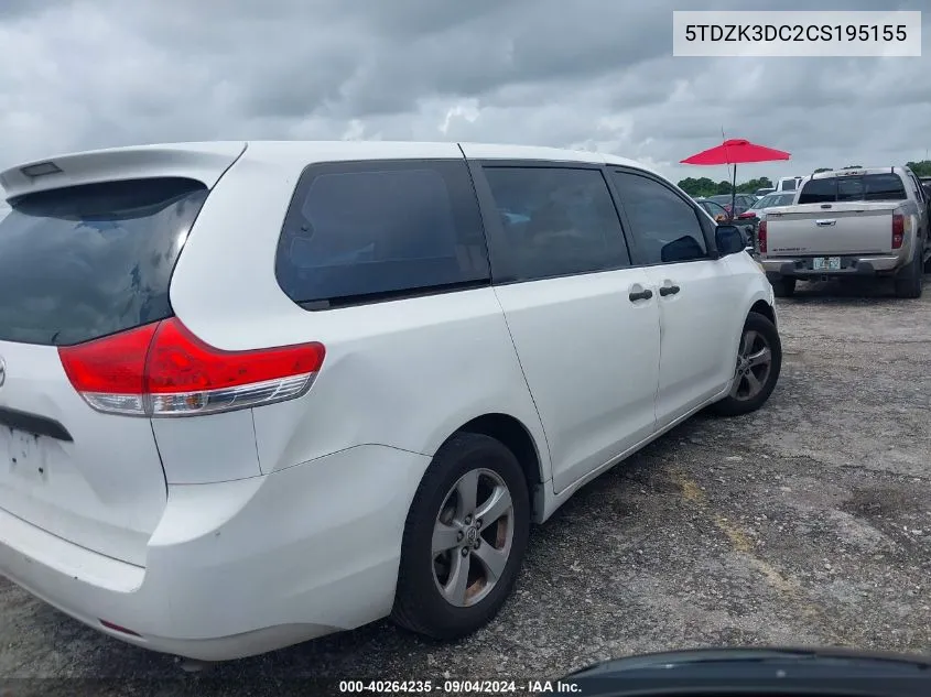 2012 Toyota Sienna Base V6 7 Passenger VIN: 5TDZK3DC2CS195155 Lot: 40264235