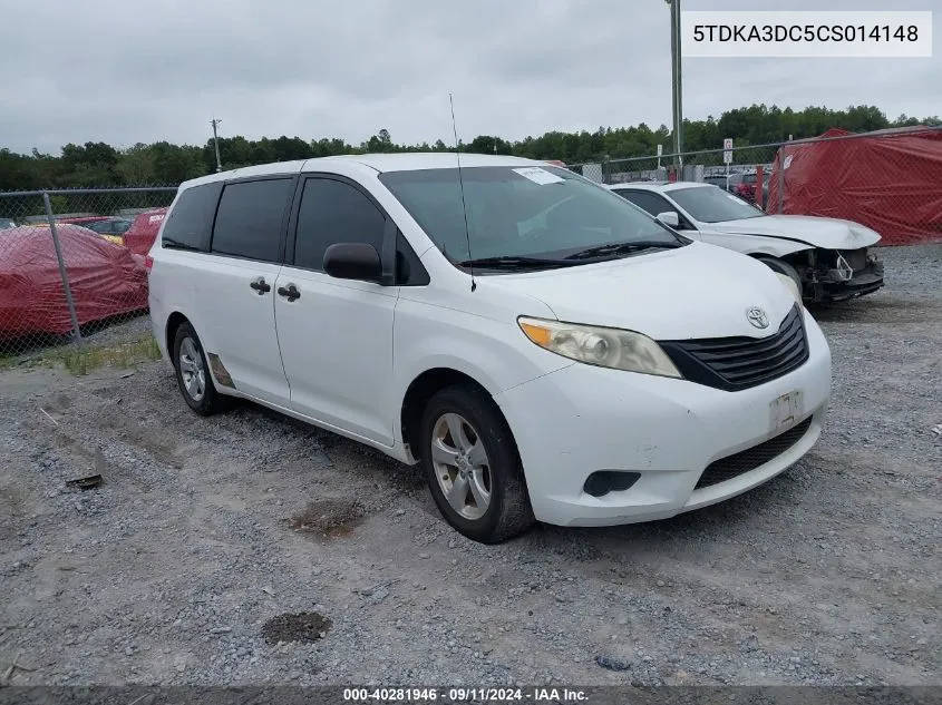 2012 Toyota Sienna Base 7 Passenger VIN: 5TDKA3DC5CS014148 Lot: 40281946