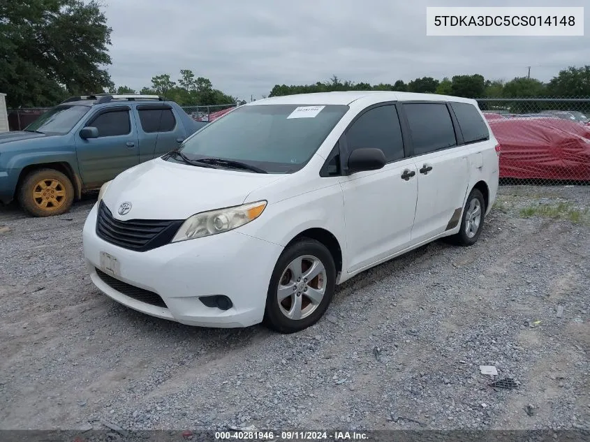 2012 Toyota Sienna Base 7 Passenger VIN: 5TDKA3DC5CS014148 Lot: 40281946