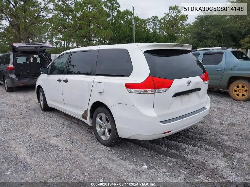 2012 Toyota Sienna Base 7 Passenger VIN: 5TDKA3DC5CS014148 Lot: 40281946