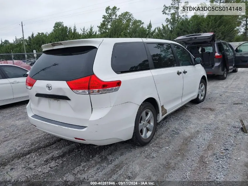 2012 Toyota Sienna Base 7 Passenger VIN: 5TDKA3DC5CS014148 Lot: 40281946