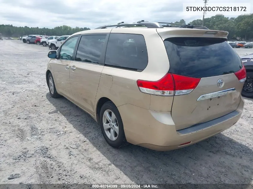 2012 Toyota Sienna Le V6 8 Passenger VIN: 5TDKK3DC7CS218172 Lot: 40284399