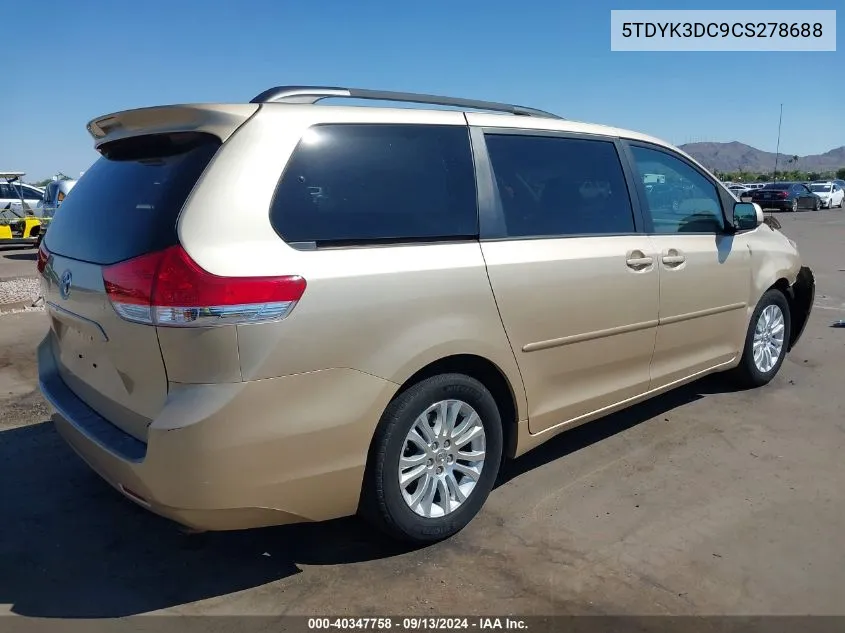 2012 Toyota Sienna Xle V6 8 Passenger VIN: 5TDYK3DC9CS278688 Lot: 40347758