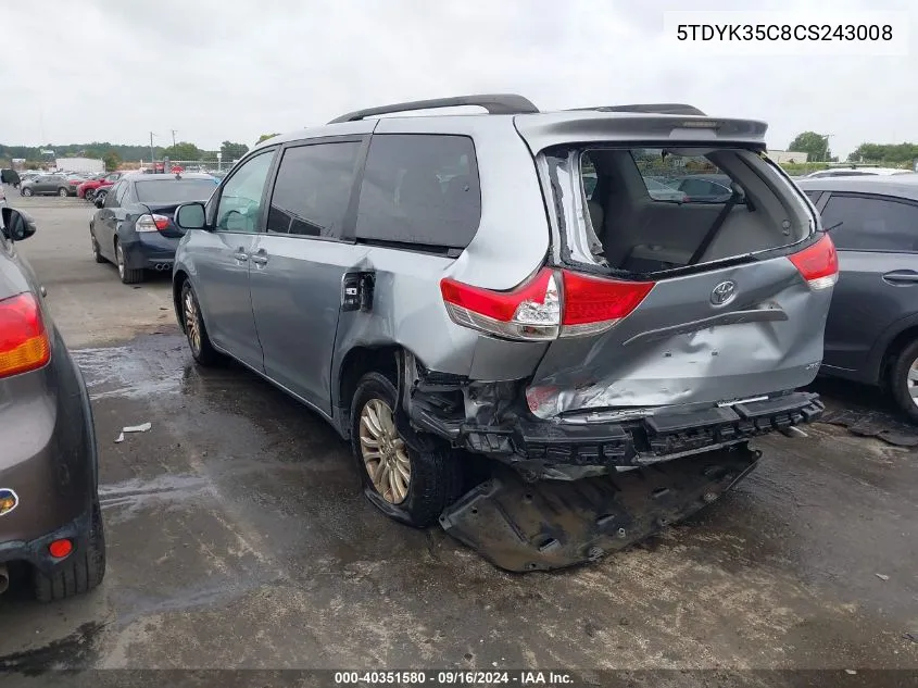 2012 Toyota Sienna VIN: 5TDYK35C8CS243008 Lot: 40351580