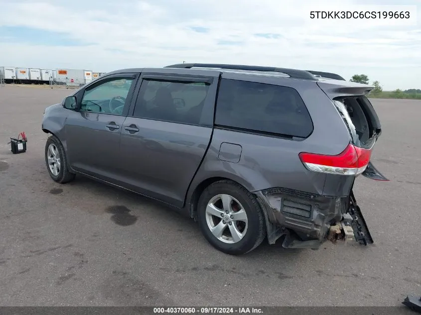 2012 Toyota Sienna Le V6 8 Passenger VIN: 5TDKK3DC6CS199663 Lot: 40370060