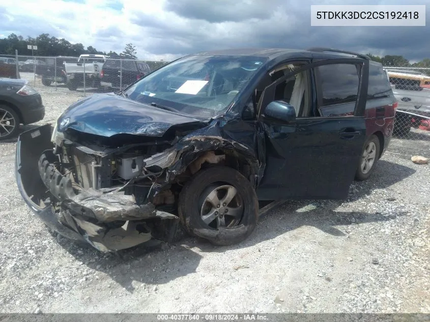 5TDKK3DC2CS192418 2012 Toyota Sienna Le V6 8 Passenger