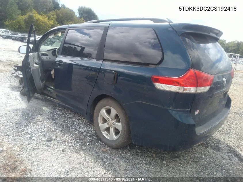 5TDKK3DC2CS192418 2012 Toyota Sienna Le V6 8 Passenger