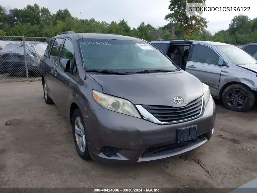 2012 Toyota Sienna Le V6 8 Passenger VIN: 5TDKK3DC1CS196122 Lot: 40424996