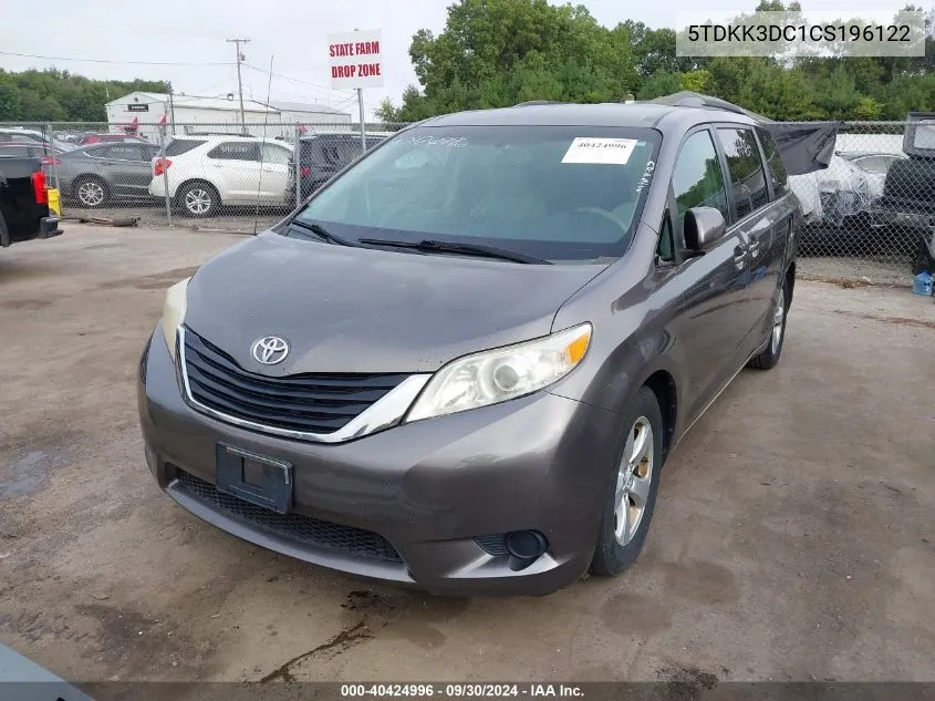 2012 Toyota Sienna Le V6 8 Passenger VIN: 5TDKK3DC1CS196122 Lot: 40424996