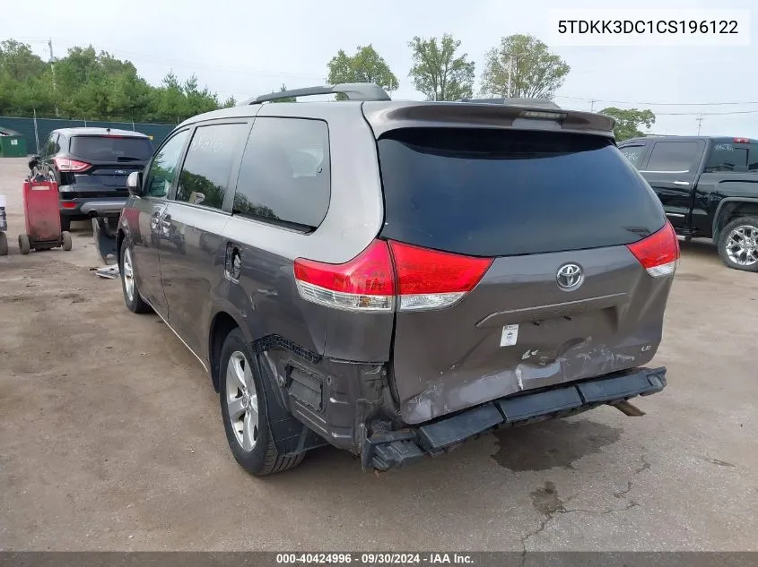 2012 Toyota Sienna Le V6 8 Passenger VIN: 5TDKK3DC1CS196122 Lot: 40424996