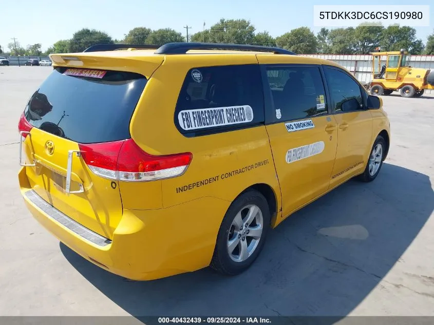 5TDKK3DC6CS190980 2012 Toyota Sienna Le V6 8 Passenger