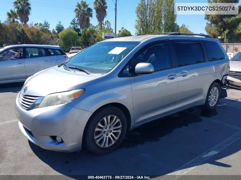 2012 Toyota Sienna Xle V6 8 Passenger VIN: 5TDYK3DC7CS250274 Lot: 40463775