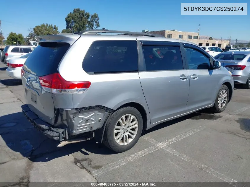 2012 Toyota Sienna Xle V6 8 Passenger VIN: 5TDYK3DC7CS250274 Lot: 40463775