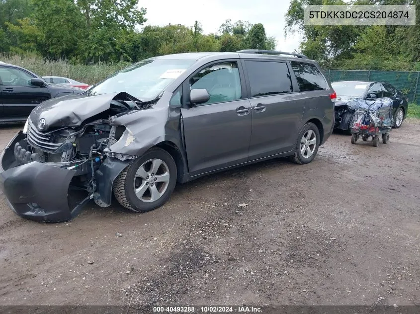 2012 Toyota Sienna Le V6 8 Passenger VIN: 5TDKK3DC2CS204874 Lot: 40493288