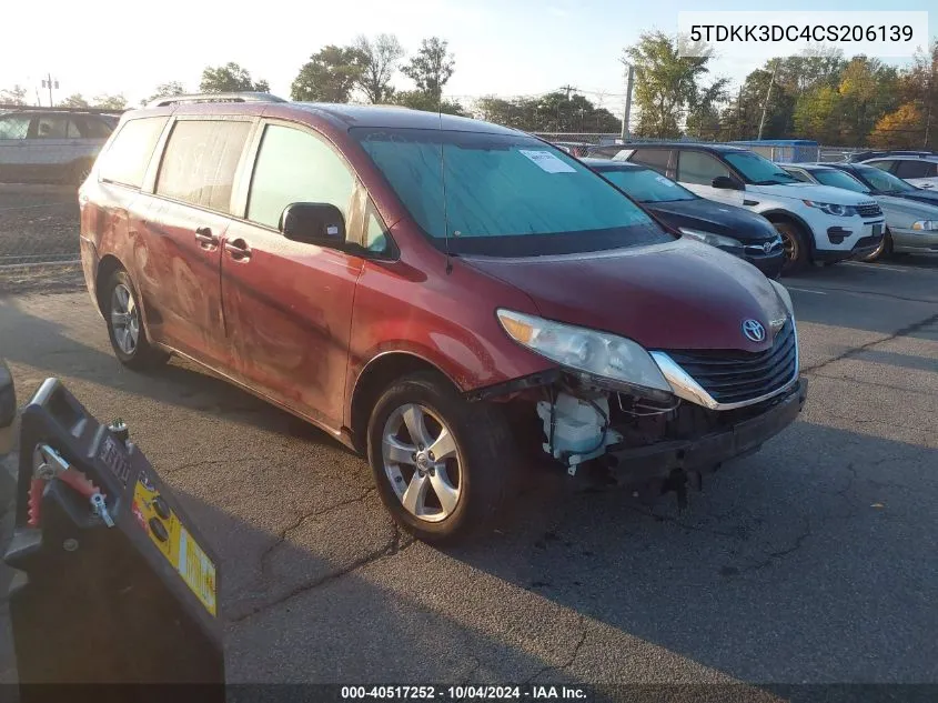 2012 Toyota Sienna Le V6 8 Passenger VIN: 5TDKK3DC4CS206139 Lot: 40517252