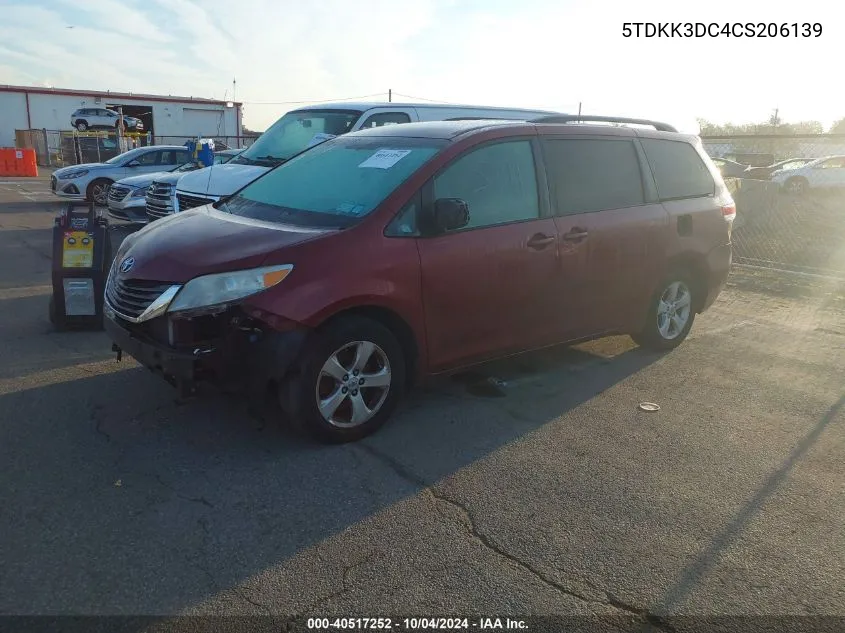 2012 Toyota Sienna Le V6 8 Passenger VIN: 5TDKK3DC4CS206139 Lot: 40517252